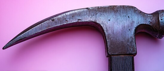 Close up of a claw hammer head on a pink background.