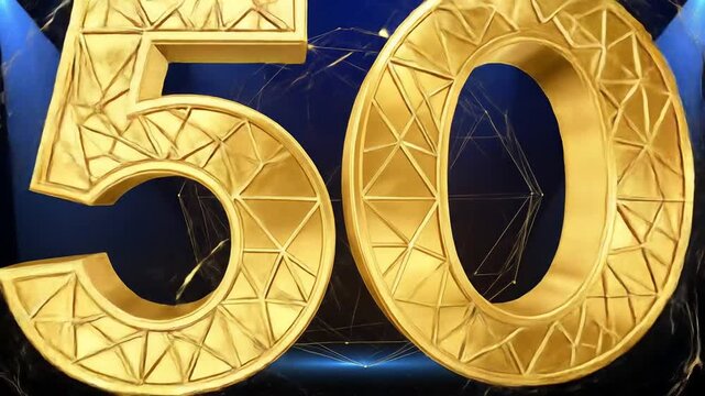 Golden 50 Celebration: Dynamic Anniversary Animation with Geometric Wireframe and Blue Spotlights