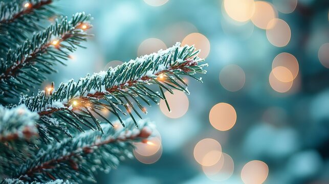 Sparkling winter wonderland with frosted pine branches adorned with delicate fairy lights and soft bokeh glow - Powered by Adobe