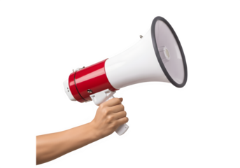 Hand Holding Red and White Megaphone Isolated on Transparent Background PNG – Protest & Announcement Icon