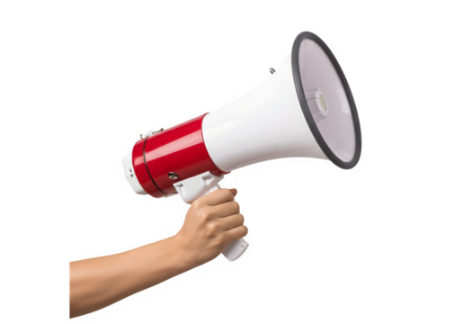 Hand Holding Red and White Megaphone Isolated on Transparent Background PNG – Protest & Announcement Icon
