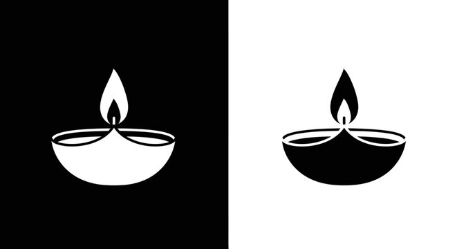 Minimalist Diya Oil Lamp Vector Icon Set in Black and White