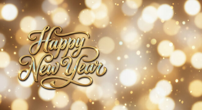Golden lettering reads Happy New Year on a bokeh background, representing celebration, joy, and festive spirit for the start of a new calendar year