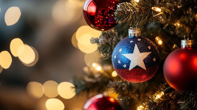 Festive patriotic Christmas tree ornaments with twinkling lights evoke holiday spirit and national pride