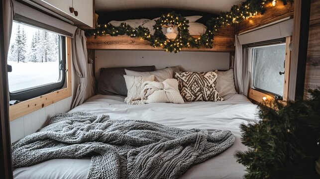 Cozy Christmas camper interior with festive decor and snowy window view, perfect for holiday getaways and winter adventures
