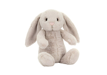 A soft light grey plush bunny rabbit toy with long floppy ears sitting upright.