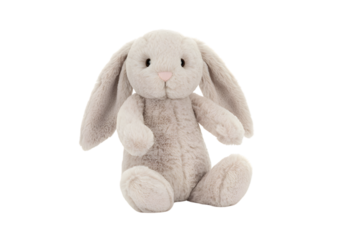 A soft light grey plush bunny rabbit toy with long floppy ears sitting upright.