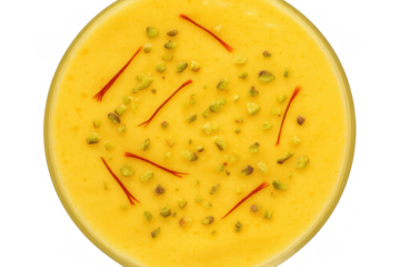 Mango lassi smoothie drink topped with crushed pistachios and saffron threads, refreshing indian summer beverage