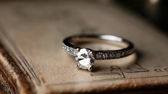 A diamond ring is on top of a book. The book is brown and has a gold border