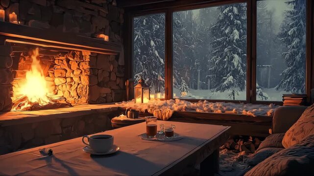 Cozy winter retreat with a warm fireplace and snowy scenery in a rustic cabin at dusk