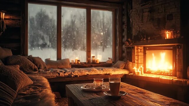 Cozy winter evening in a rustic cabin with a warm fire and snowy landscape outside