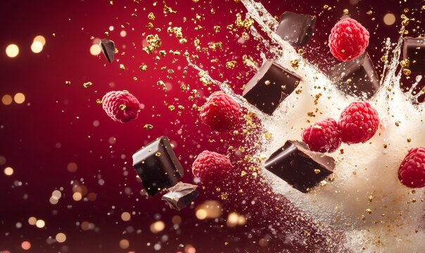 Luscious raspberries and dark chocolate pieces creating a dynamic splash with sparkling gold