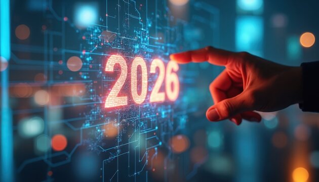 Finger touches glowing year 2026 displayed on futuristic digital interface. Abstract cyber network connects blurred city lights. Modern tech predicts future progress. - Powered by Adobe
