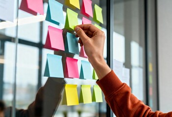 A person's hand puts a sticky note on a glass wall during a brainstorming session. Agile project management and business strategy concept