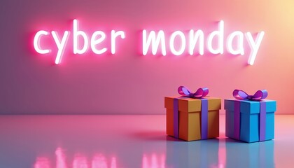 Two gift boxes stand beneath neon Cyber Monday sign. Orange and blue present packages have purple ribbon bows on pink surface. Marketing promotion background for sale event.