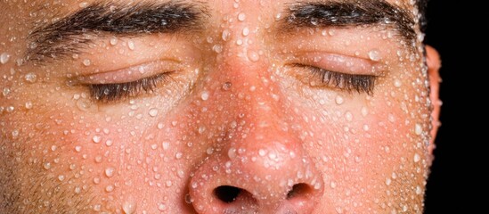 Close up of a mans face covered in sweat.