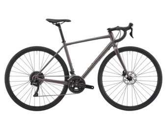 Gray road bicycle with drop handlebars and disc brakes.