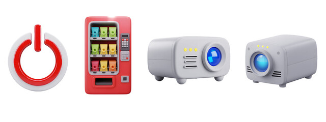 Digital icons: power, vending machine, and projectors 3d render isolated on transparent background