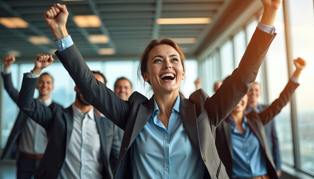 Diverse business team rejoices over successful project completion. Colleagues celebrate major win with raised fists and smiles in modern office setting. Unity and achievement radiate positive energy.