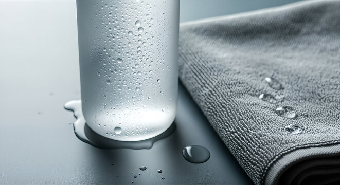 Condensation on a cold glass bottle next to a damp grey microfiber cloth on a dark surface.