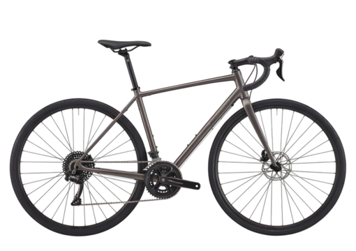 Gray road bicycle with drop handlebars and disc brakes.