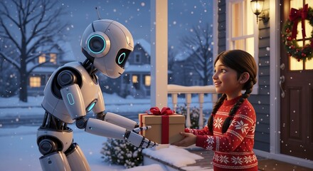 Human-like robot delivers christmas gift box and gives it to indian girl in christmas sweater on festive snowy porch. Convenience and efficiency of technology. Positive impact of robotics on life