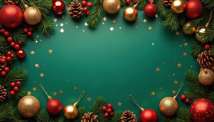 Christmas frame with fir branches red berries golden baubles pine cones stars scattered. Green backdrop empty space for text banners greetings cards seasonal events festive celebrations.