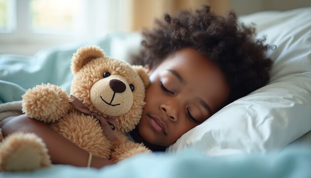 Little African American boy sleeps deeply in bed, cuddling a soft brown teddy bear. Child rests peacefully on white pillow under blue blanket, dreaming sweet dreams. Kid takes daytime nap comfortably.