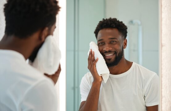 Young handsome African American man smiles, drying fresh clean face with soft white towel in modern bathroom. Looks at reflection after morning shower. Male practices personal grooming for healthy - Powered by Adobe