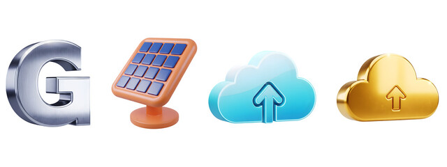 Metallic g, solar panel, and cloud upload icons for tech concepts isolated on transparent background