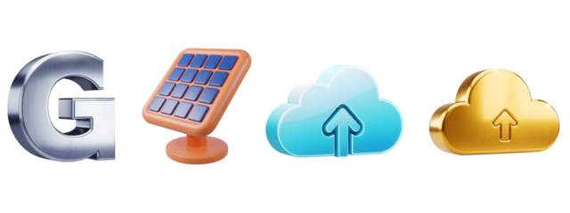 Metallic g, solar panel, and cloud upload icons for tech concepts isolated on transparent background