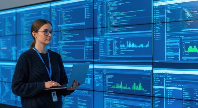 Woman with laptop standing in front of large screen displaying data and graphs in blue tones