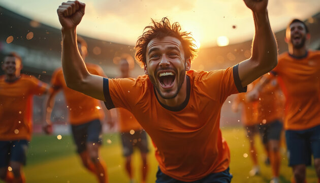 Soccer players cheer with joy after scoring goal during match. Team celebrates victory on grass field at stadium. Athletes feel excitement, winning, success together.