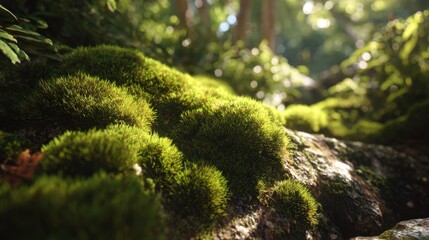 Lush green moss blankets rocks glistening in gentle sunlight within a tranquil forest setting.