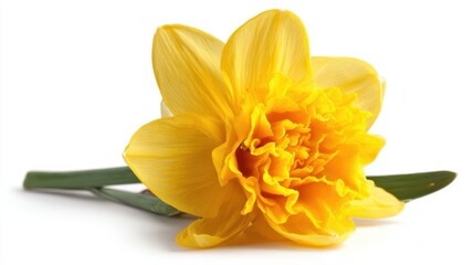 A vibrant yellow daffodil lies elegantly on a white surface, its petals fully opened and displaying intricate textures. This flower symbolizes renewal and springtime.