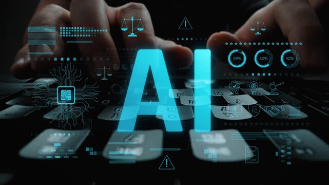 AI circuit microchip with glowing blue lines, surrounded by legal scales, warning symbols, data sheets, and binary codes, representing ethical AI, AI governance, and data integrity Marrow