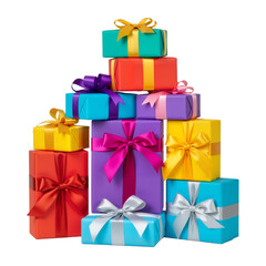 Obraz premium Colorful Stacked Gift Boxes with Satin Bows – Festive, Joyful Celebration of Gifting and Surprise