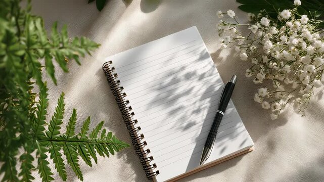 Blank Spiral Notebook with Pen, Fern Leaf, and Baby's Breath Flowers on Textured Beige Fabric, Natural Light, Flat Lay
