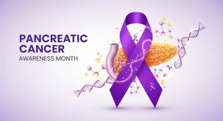 Pancreatic Cancer Awareness Month purple ribbon, pancreas, DNA genetic structure, and molecular elements for medical research and health support.
