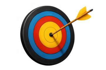 Archery target with arrow in bullseye representing business goal achievement, success, accuracy, and precision with transparent background