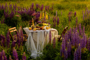 Romantic surprise, marriage proposal. Elegant decoration. Private wedding party for two, table set...