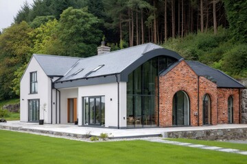 Obraz premium Modern countryside home with large windows and unique architectural design nestled in green landscape surrounded by trees during daytime