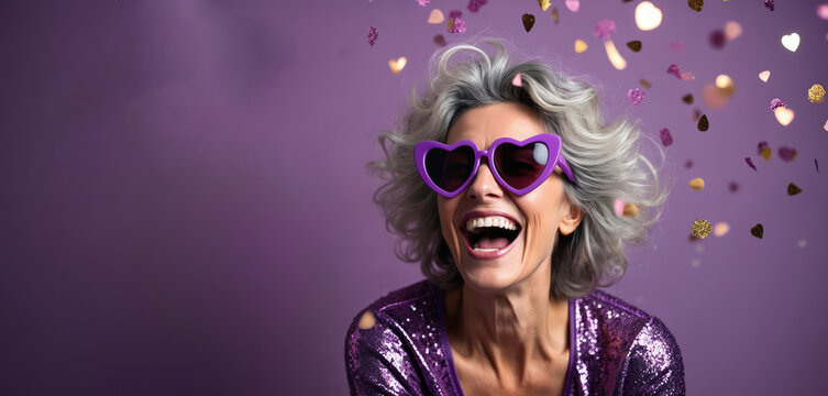 Laughing mature woman with grey hair wears heart sunglasses and sequin top. Purple background with falling confetti creates festive party mood. She has lots of copy space.