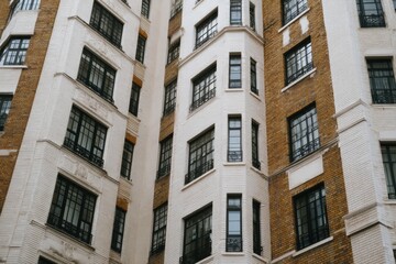 Naklejka premium Urban architectural detail showcasing a vintage building with a mix of brick and white facade, emphasizing the intricate window designs in a city environment