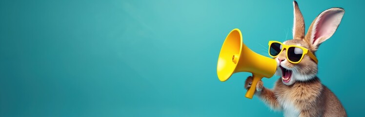 Cool bunny rabbit wears yellow sunglasses, holds bright yellow megaphone. Bunny shouts urgent message makes big announcement on vibrant blue background. Funny animal character for sales promotion,