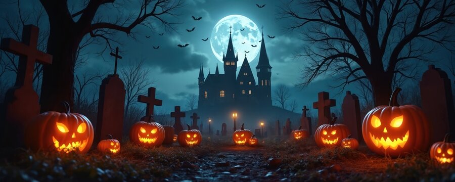 Spooky Halloween night scene features glowing carved jack-o-lantern pumpkins in dark graveyard path. Gravestones, bare trees stand under huge bright full moon. Bats fly near haunted castle, creating