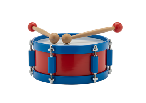 A red and blue toy snare drum with two wooden drumsticks resting on top, isolated on a white background.