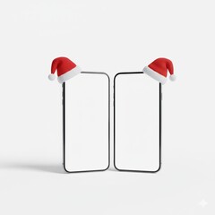 Two smartphone mockups with Christmas hats isolated on white