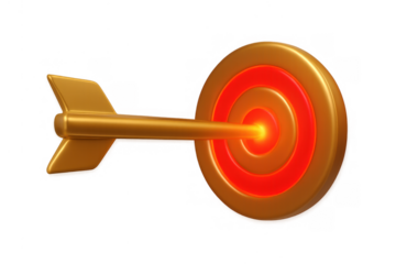 Golden arrow hitting bullseye, achieving success and business goals, reaching targets with precision on transparent background