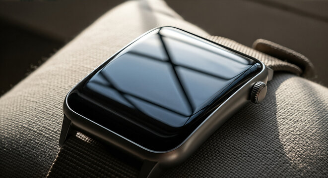 Closeup of a modern smartwatch with a reflective screen resting on a textured surface.